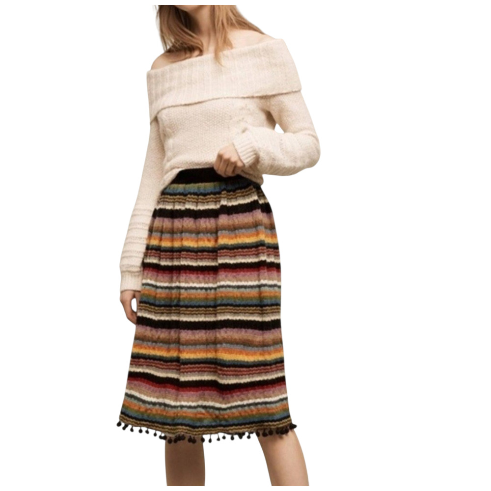 Anthropologie Eri + Ali Boho Striped Pommed Sweater Knit Midi Skirt Pom Pom XS 2